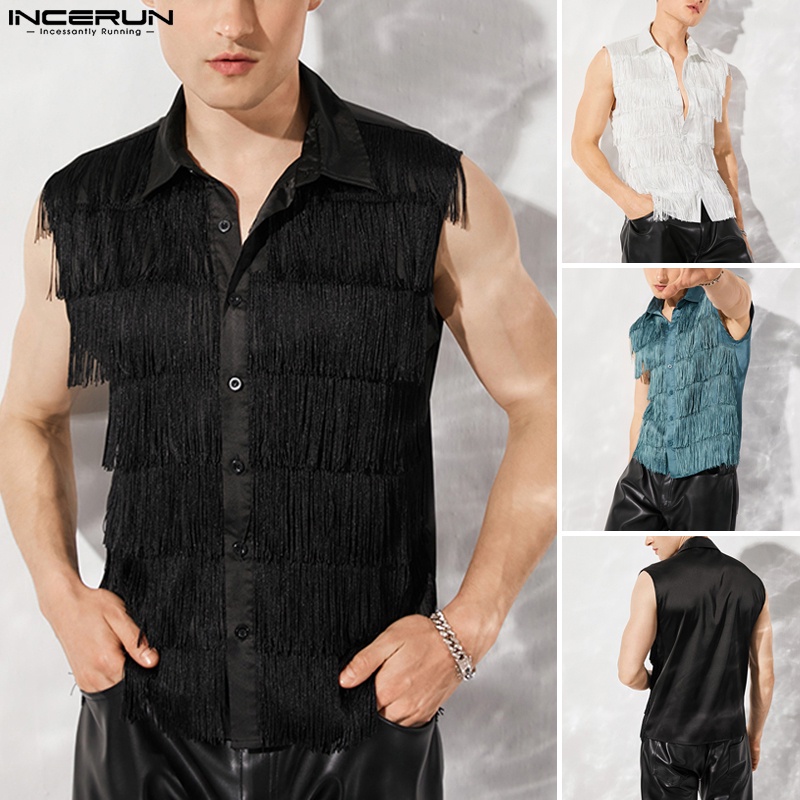 INCERUN Áo Sơ Mi Không Tay Viền Tua Rua Thời Trang Dự Tiệc Cho Nam