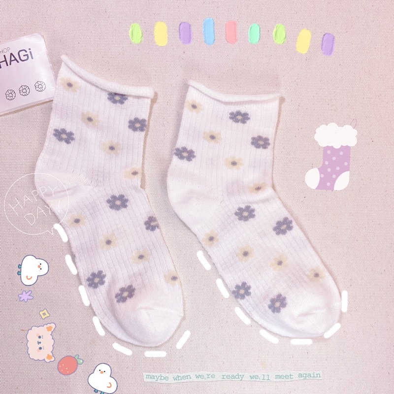 Set 4 Đôi Tất nữ Vintage Trắng Phối Ren Hoạ Tiết Hoa Mùa Xuân Dễ Thương Phong cách Hàn quốc Học sinh Sinh Viên