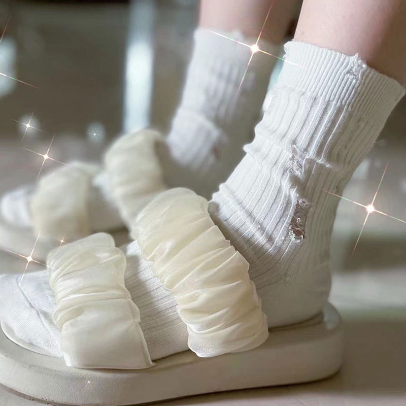 TL108 Tất vớ nam nữ cổ cao màu trơn kiểu tất rách mẫu lạ vintage phong cách retro cổ điển
