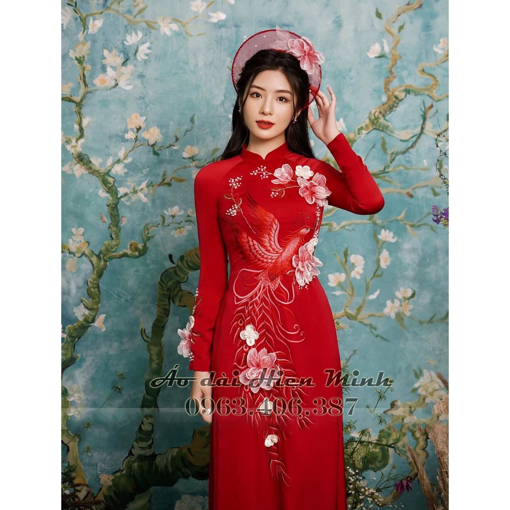 Áo dài đám hỏi - áo dài cưới cặp màu đỏ cô dâu chú rể chất liệu gấm hoạt tiết chị phượng hoàng thêu tay cao cấp