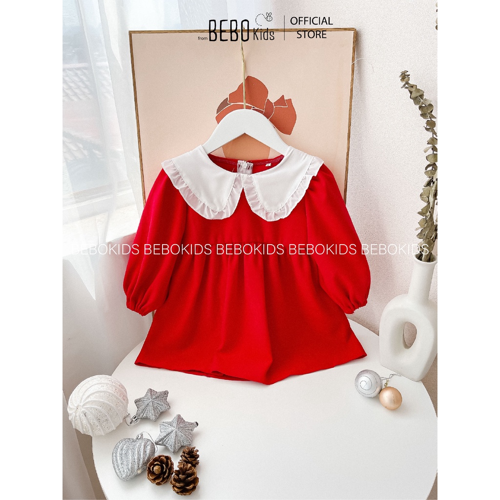 Váy đầm công chúa thiết kế cổ bèo nơ lưng mùa xuân siêu xinh xắn cho bé gái (10-28kg) nhung len đỏ A01