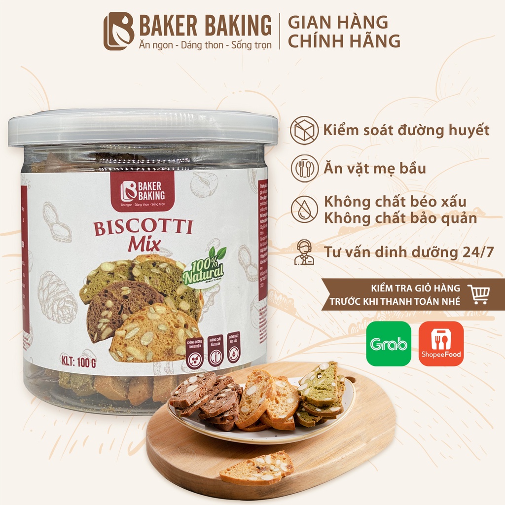 Bánh biscotti Baker Baking nguyên cám hỗ trợ giảm cân an toàn cho người tiểu đường 100g