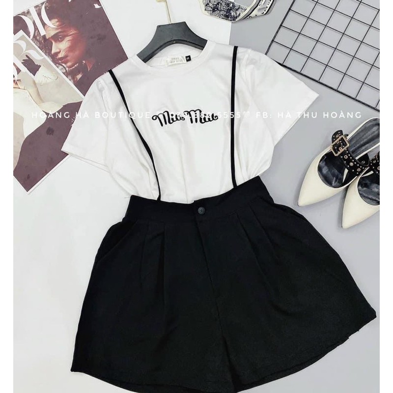 [Mã FAGREEN245 giảm 10% tối đa 30K đơn 99K] Set yếm quần short kèm áo phông thêu chữ | BigBuy360 - bigbuy360.vn