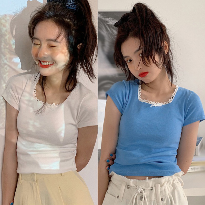 Áo Dệt Kim Ngắn Tay Cổ Vuông Màu Trơn Kiểu Hàn Quốc Xinh Xắn Cho Nữ
