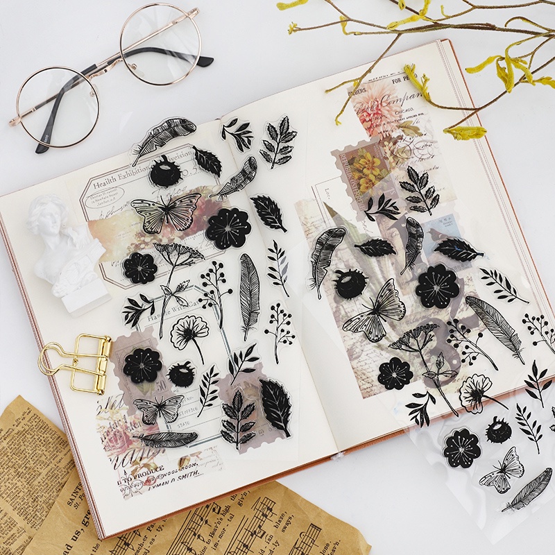 Con dấu in trong suốt thiết kế hoa lá trang trí sổ tay DIY phong cách vintage