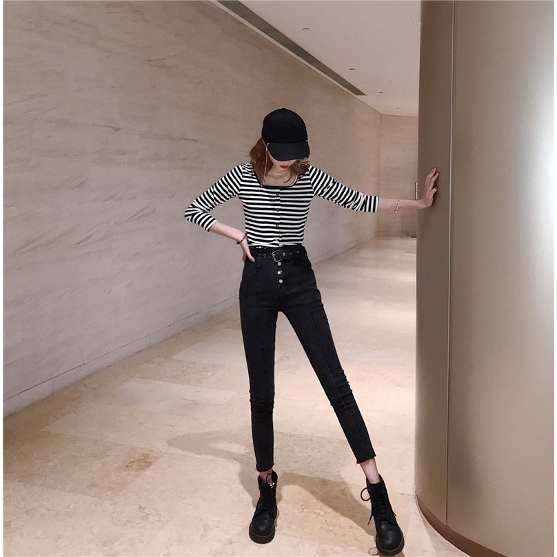 Quần jean skinny nữ dáng ôm lưng siêu cao trơn basic Emilyshop ulzzang