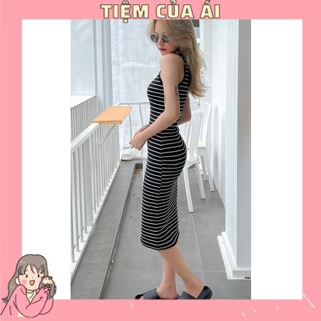 🌸 Đầm body kẻ sọc ngang 2 màu trắng đen - Đầm ôm hở vai 🌸