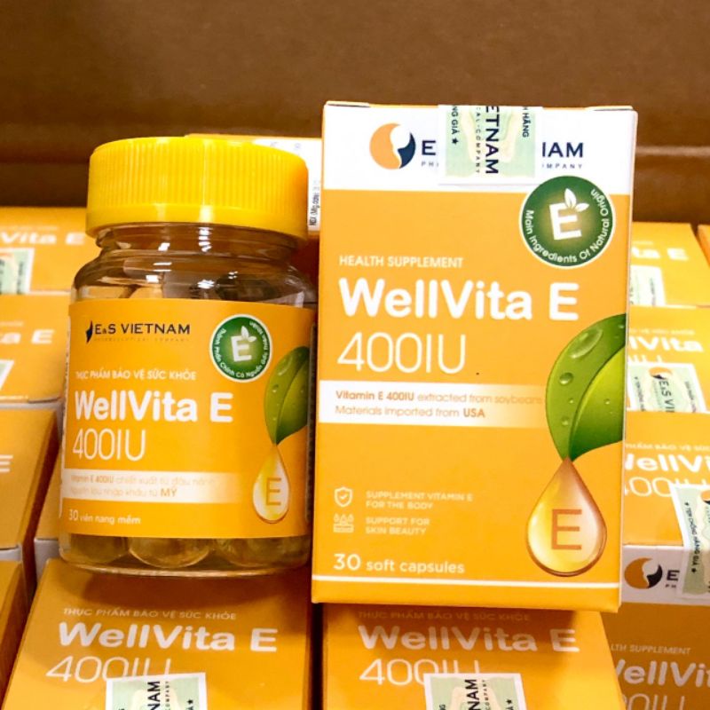 Viên Uống Wellvita E 400IU E&S vietnam - Bổ Sung Vitamin E Làm Đẹp Da, Giảm Nám Tàn Nhang, Chống Lão Hóa - Lọ 30 viên