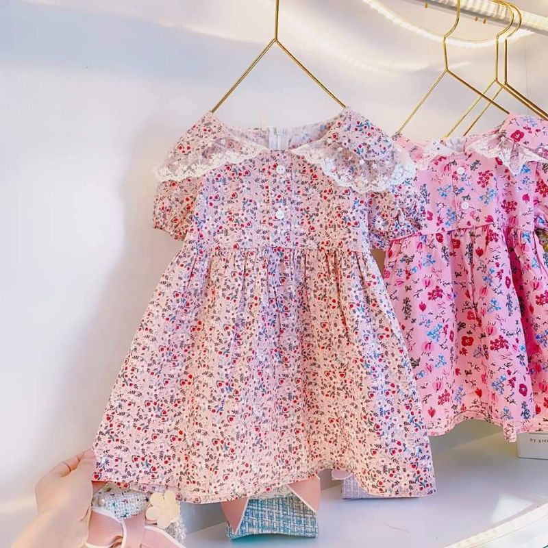 Váy Hoa Nhí Đính Ren Cho Bé Gái - Chất Thô Mềm, Mát.