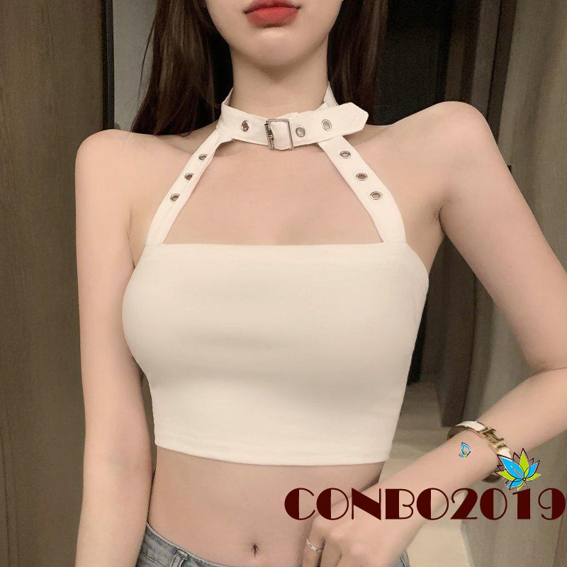 Hgm Áo Croptop Không Tay Hở Lưng Màu Trơn Mùa Hè Cho Nữ Màu Trắng / Xám / Đen