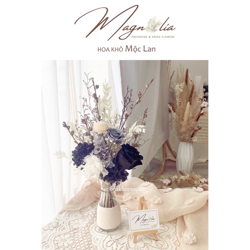 Set hoa khô kèm bình thuỷ tinh nhiều tông màu khách chọn, trang trí phòng khách, decor phòng ngủ vintage