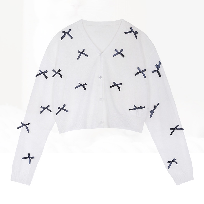 Áo Khoác Cardigan Dệt Kim Tay Dài Phối Nơ Thiết Kế Ngọt Ngào Cho Phái Nữ