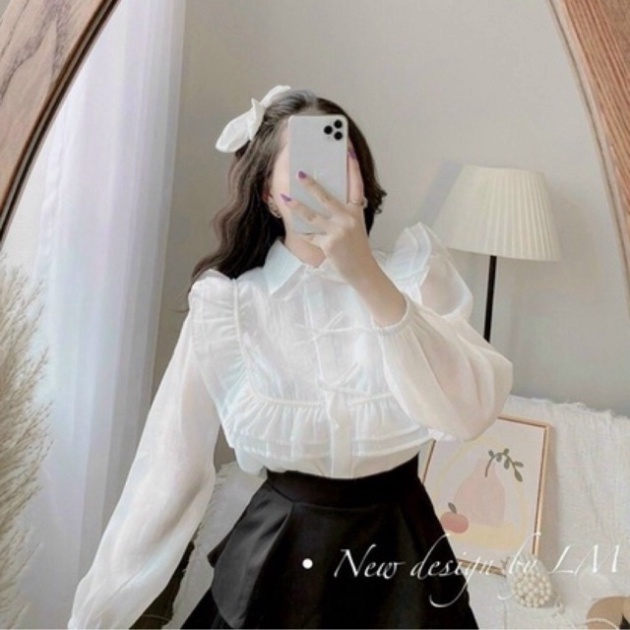 Áo sơ mi cổ bẻ thiết kế_451 ulzzang babydoll bánh bèo nội y xanh