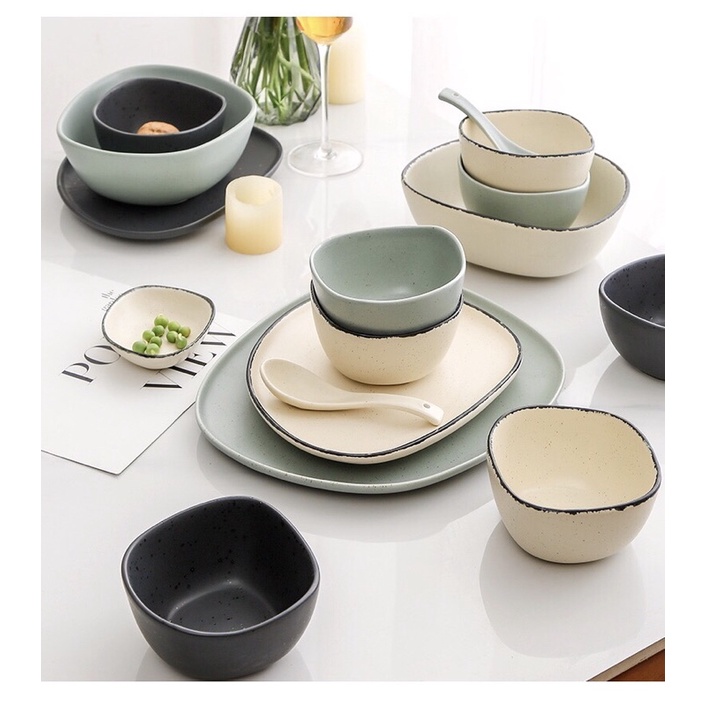 Bộ bát đĩa méo mix màu Starstone phong cách Bắc Âu - Bộ bát đĩa đầy đủ hộp tặng quà, tân gia