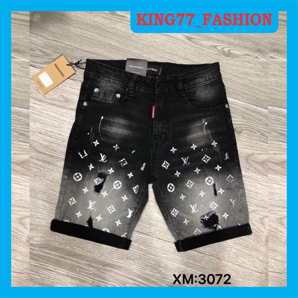 Quần short jean nam đen rách in họa tiết chữ thiết kế trẻ trung phong cách chất vải jean dày co dãn