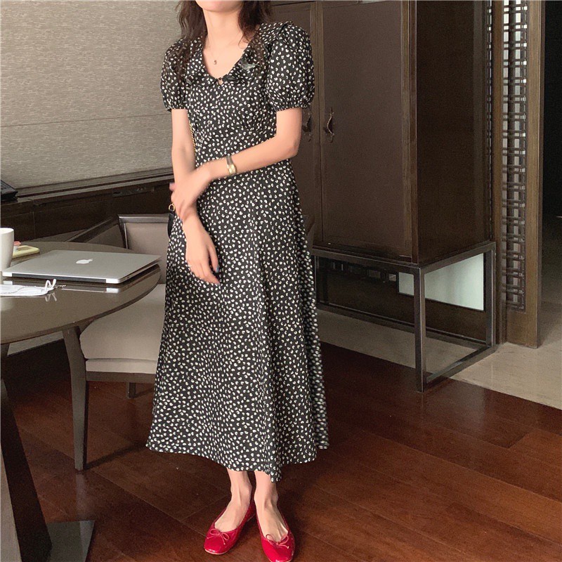 Đầm Hoa Tay Phồng Cổ Chữ V Phong Cách Retro Hàn Quốc 44024