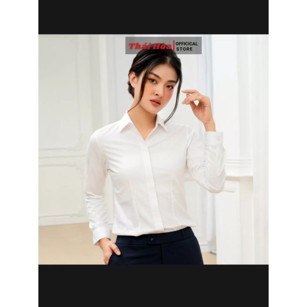 Áo sơ mi nữ Thái Hòa màu trắng mã 9021 và 8919 vải sợi tre co giãn