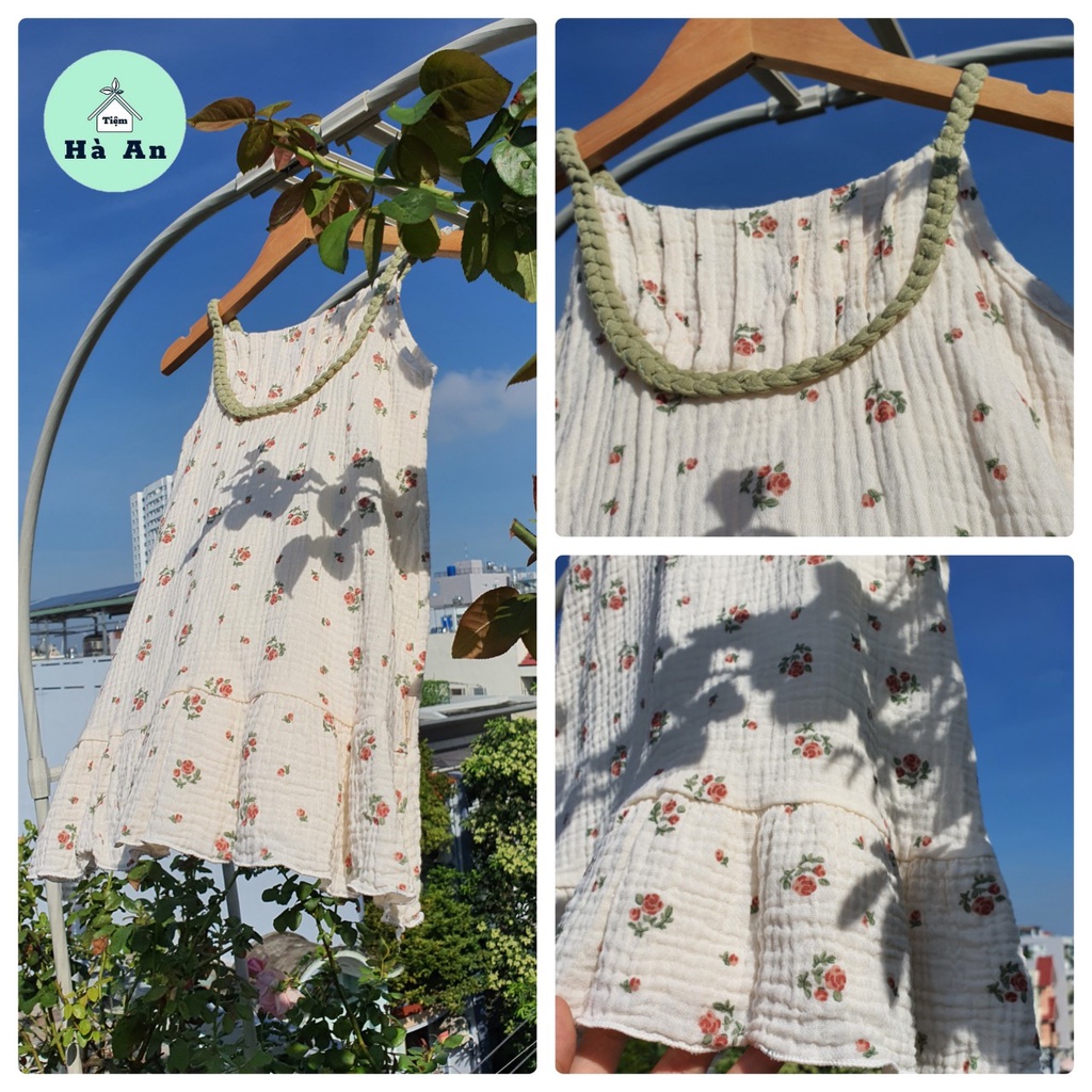 Đầm 2 dây hoa nhí vải xô muslin - size 8-25kg