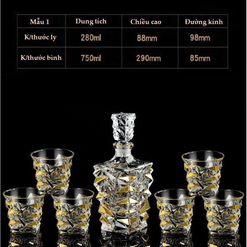 Bộ bình ly đựng thủy tinh cao cấp sang trọng, ly thủy tinh: 21.6