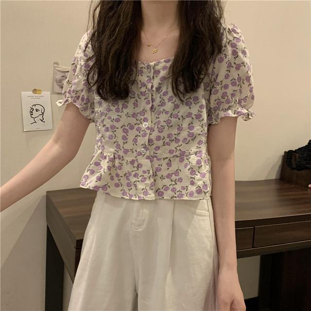 Áo Kiểu Cổ Vuông Tay Ngắn In Hoạ Tiết Hoa Xinh Xắn Dành Cho Nữ  tao bao