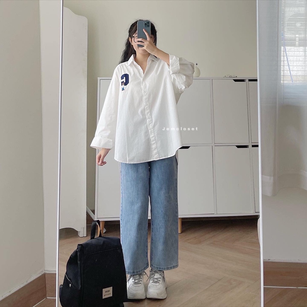 Áo Sơ Mi Nữ Form Rộng JEM CLOSET Chất Thô Hàn Áo Sơ Mi Nữ Kiểu Đuôi Tôm CREATOR Thiết Kế Basic Thêu Hình Chữ C 10298