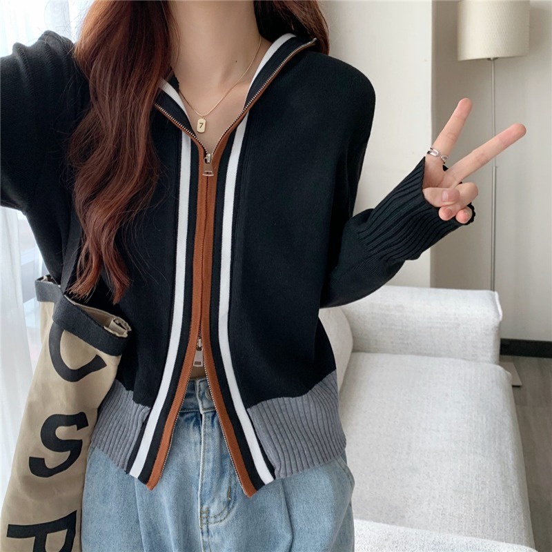 Áo khoác cardigan dệt kim tay dài kiểu khóa kéo đôi hợp thời trang cho nữ