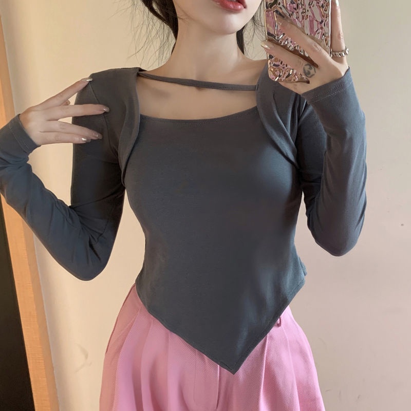 Áo Thun Dài Tay Cổ Vuông Thiết Kế Không Đồng Đều Phong Cách Mới Cho Nữ