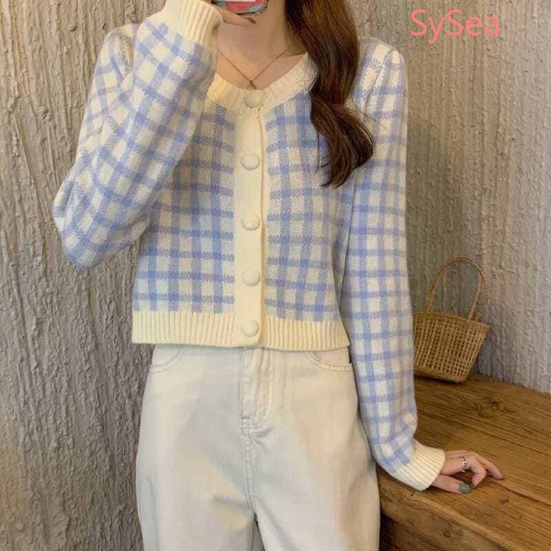 Áo Khoác Cardigan Dệt Kim Kẻ Sọc Caro Phong Cách Hàn Quốc Cho Nữ