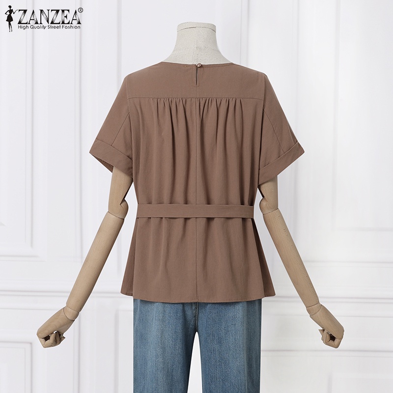 Áo thun nữ ZANZEA tay ngắn cổ tròn dáng rộng cột dây thời trang