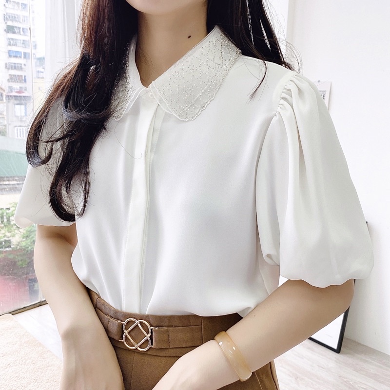 áo sơ mi cổ đá phong cách hàn quốc chất liệu lụa hang mềm mịn không nhăn nhàu mặc đi làm đi chơi A53