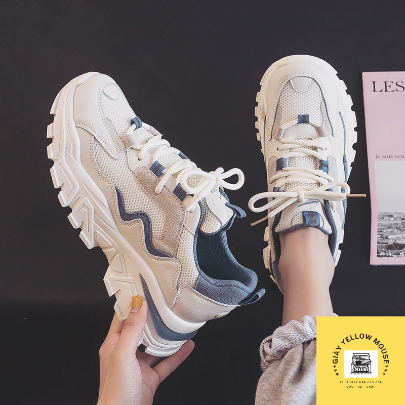 Giày thể thao sneaker nữ ULZZANG đế độn 5cm chất da lộn phối vải thoáng khí màu xanh/cam