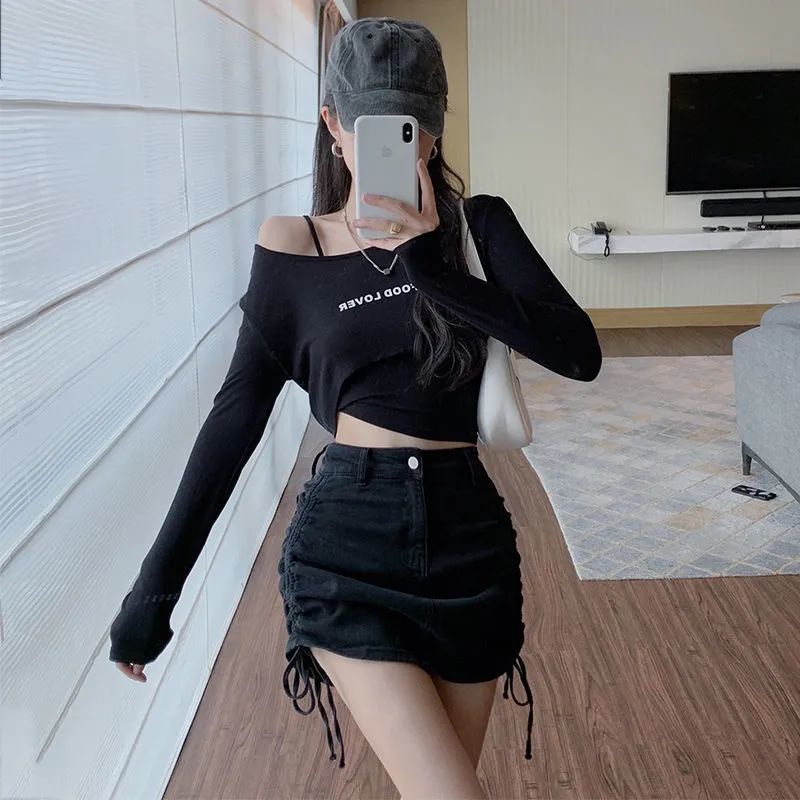 COZOK Chân váy denim lưng cao phối dây rút thời trang cho nữ