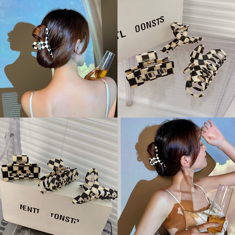 Kẹp tóc acrylic họa tiết sọc caro trắng đen thời trang hàn quốc