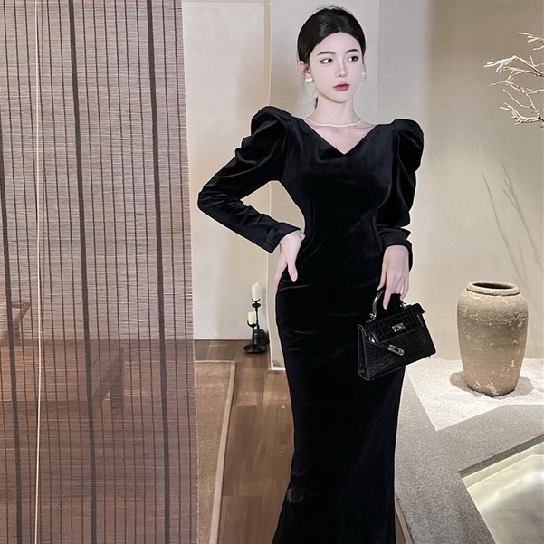 Áo Nhung Tay Dài Phồng Cổ Chữ V Thời Trang Retro Hàn Quốc