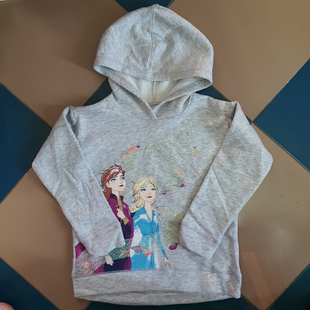 [5y-7y] Aó nỉ bông có mũ hoddie dài tay thu đông cho bé gái màu ghi in hình Disney Elsa