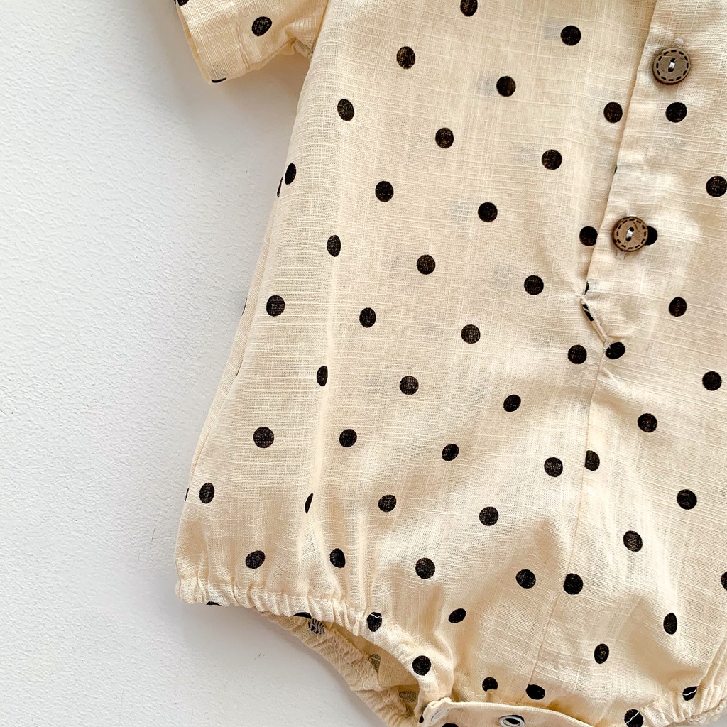 Áo liền quần ngắn tay bằng cotton lanh họa tiết chấm bi dễ thương thời trang cho bé trai / gái