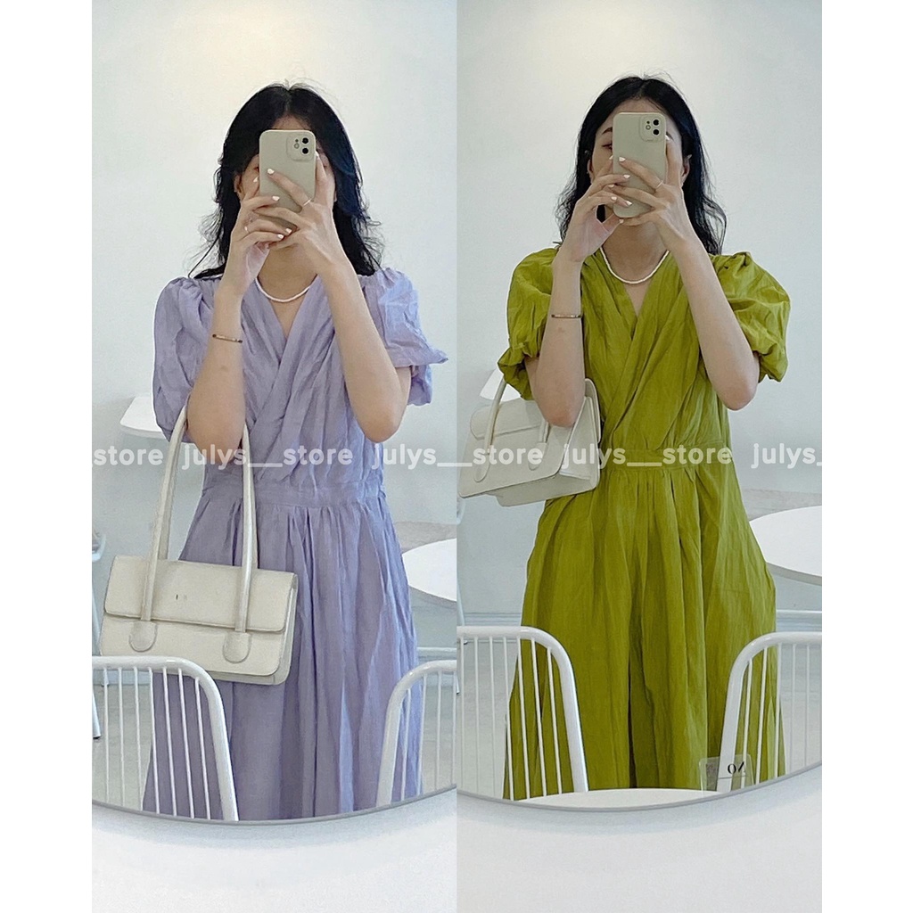 Đầm tơ nhăn cổ V 3 màu tiểu thơ