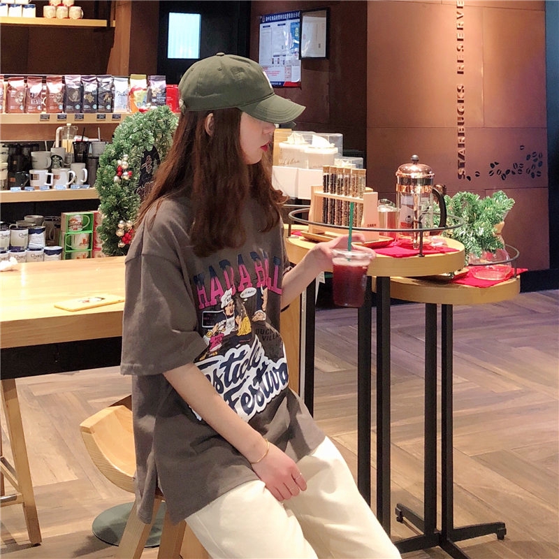 SUXI Áo thun tay ngắn cổ tròn hoạ tiết in phong cách Hàn Quốc