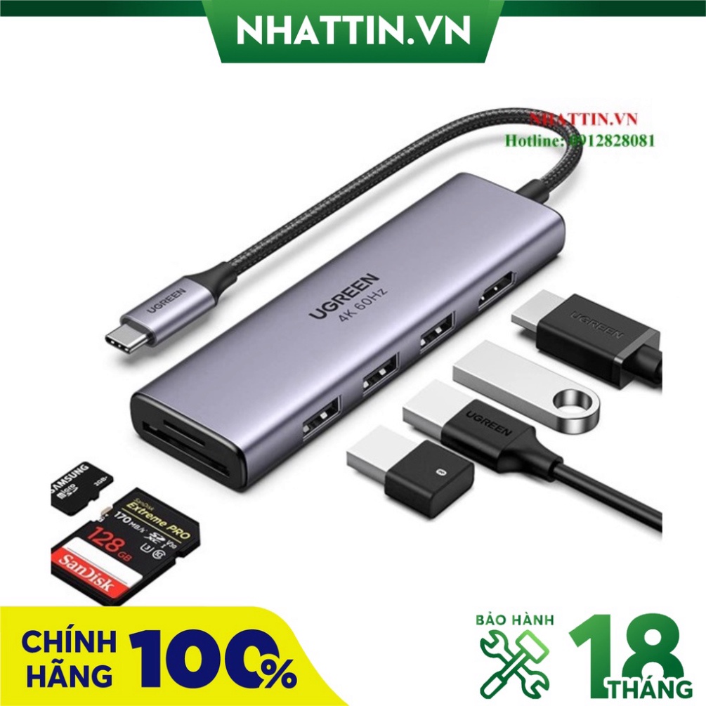 Thiết bị mở rộng 6 in1 USB type-C to HDMI/ Hub USB 3.0/ SD/TF chính hãng Ugreen 60383 - Hàng Cao Cấp