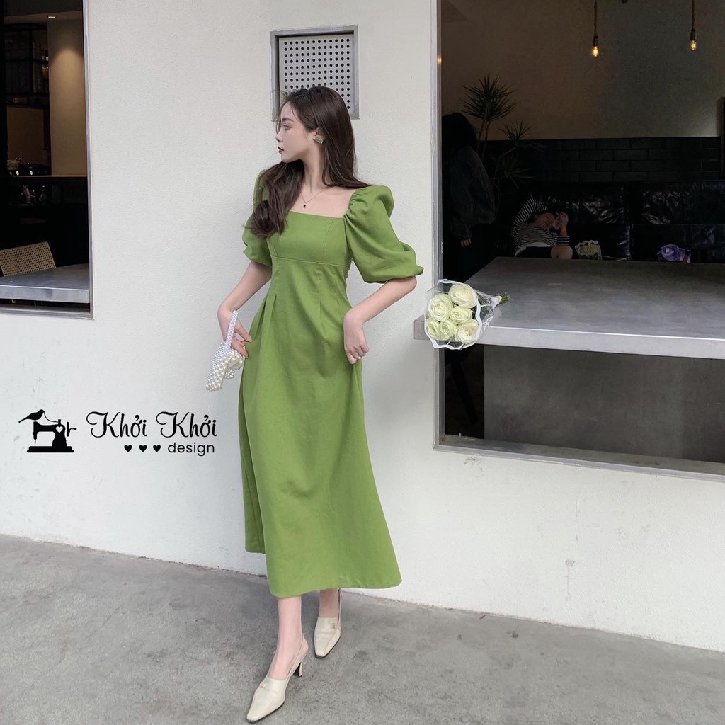 [HÀNG MAY THEO ĐƠN] Mùa hè Pháp tea break cổ vuông váy chữ A nữ xếp gấp che bụng phong cách Hàn quốc