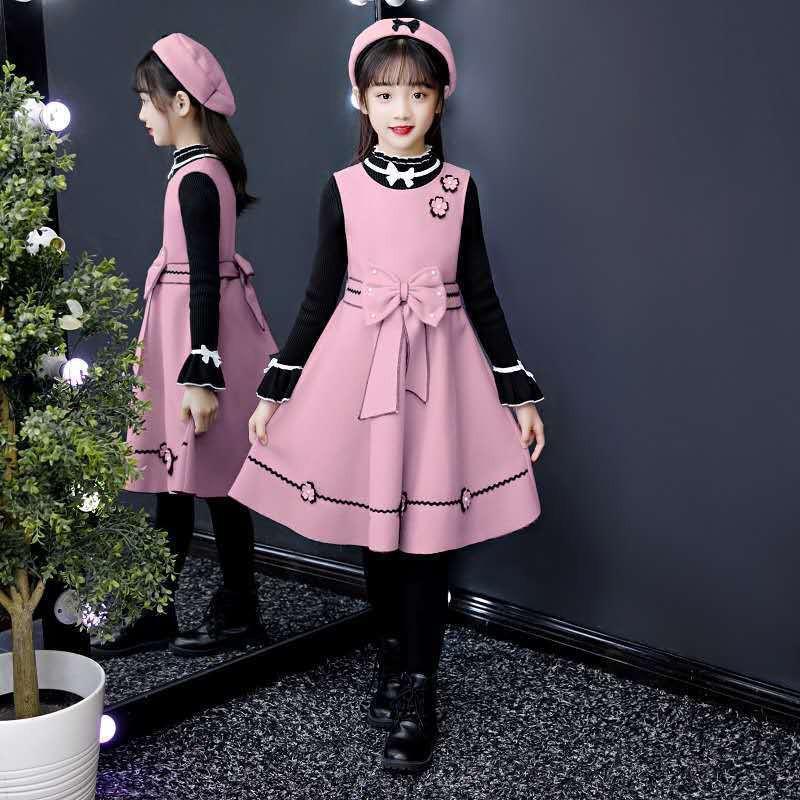 girls Dress 2021 phong cách mới váy công chúa phương tây hương thơm nhỏ quần áo trẻ em len hai mảnh mùa đông cho b
