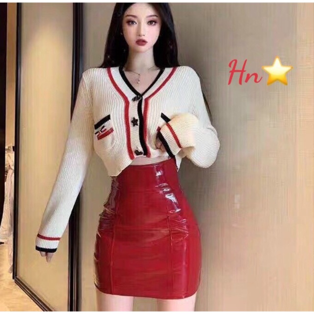 Chân váy da bóng cạp cao