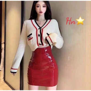 Chân váy da bóng cạp cao