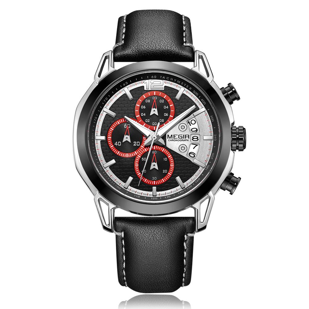 MEGIR 2071 Real 3 Dials Chronograph Luminous Date Display Leather