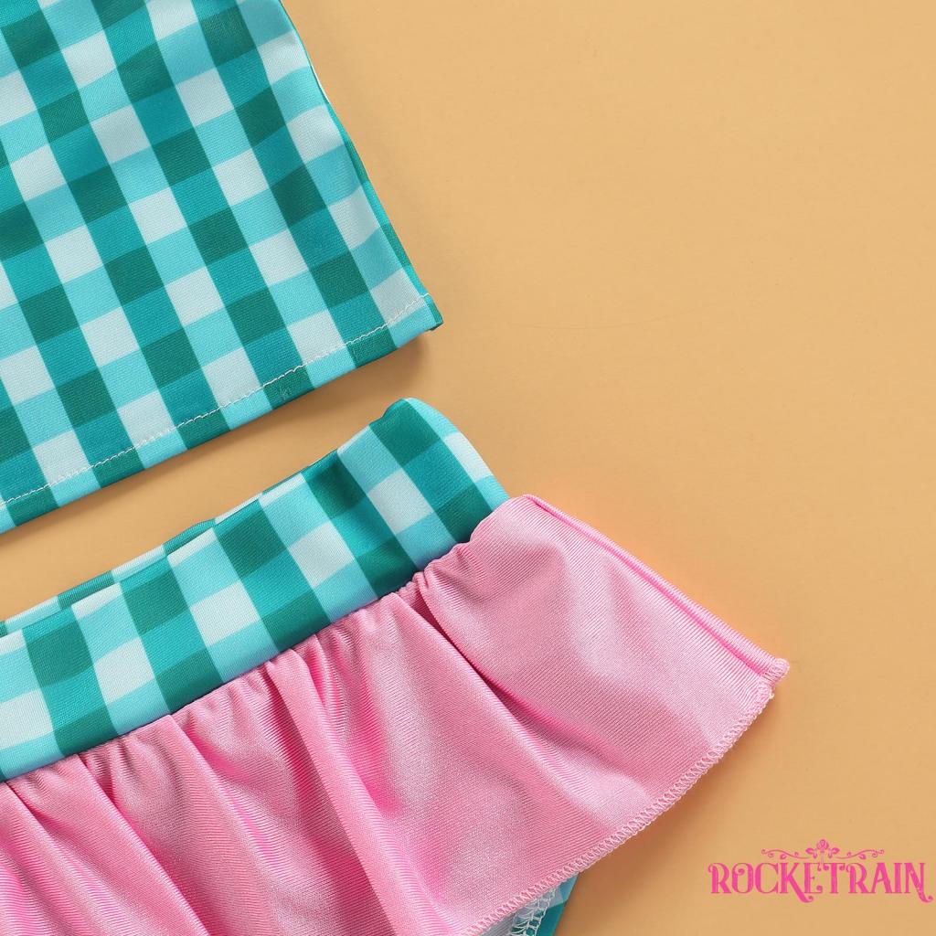 ☏Pt✦Bộ Đồ Bơi Một Mảnh Trễ Vai + Chân Váy Ngắn Kẻ Sọc Thời Trang Mùa Hè Cho Bé Gái