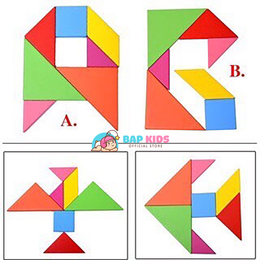 Đồ Chơi Trí Uẩn Tangram Bộ Ghép Hình Bằng Gỗ Thông Minh Cho Bé 12x12cm Loại dày 1cm