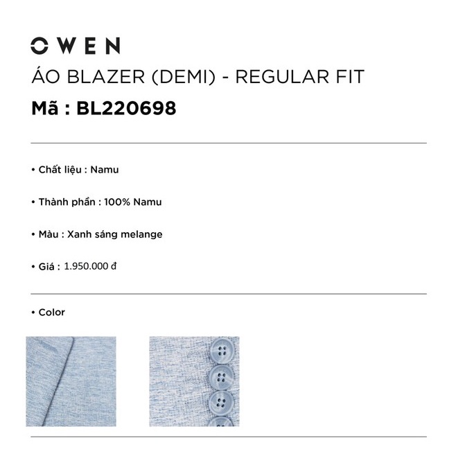 Áo Khoác Blazer Nam Owen BL220698 Vest Công Sở Màu xanh Sáng Melange Vải Gỗ Namu Cao Cấp Mỏng Nhẹ Dai Thoáng Dáng Suông