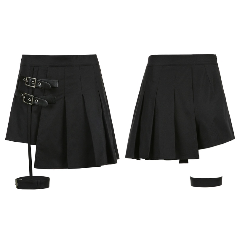 XIXI Chân váy ngắn mini màu đen lưng cao phối nịt bít tất phong cách Harajuku thời trang cho nữ