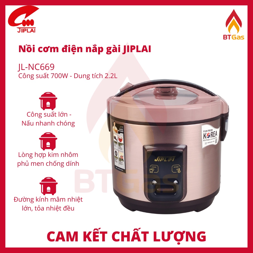 Nồi cơm điện nắp gài công suất 700W 2.2 Lít, nồi cơm điện lòng niêu siêu phủ men chống dính JIP LAI NC-669