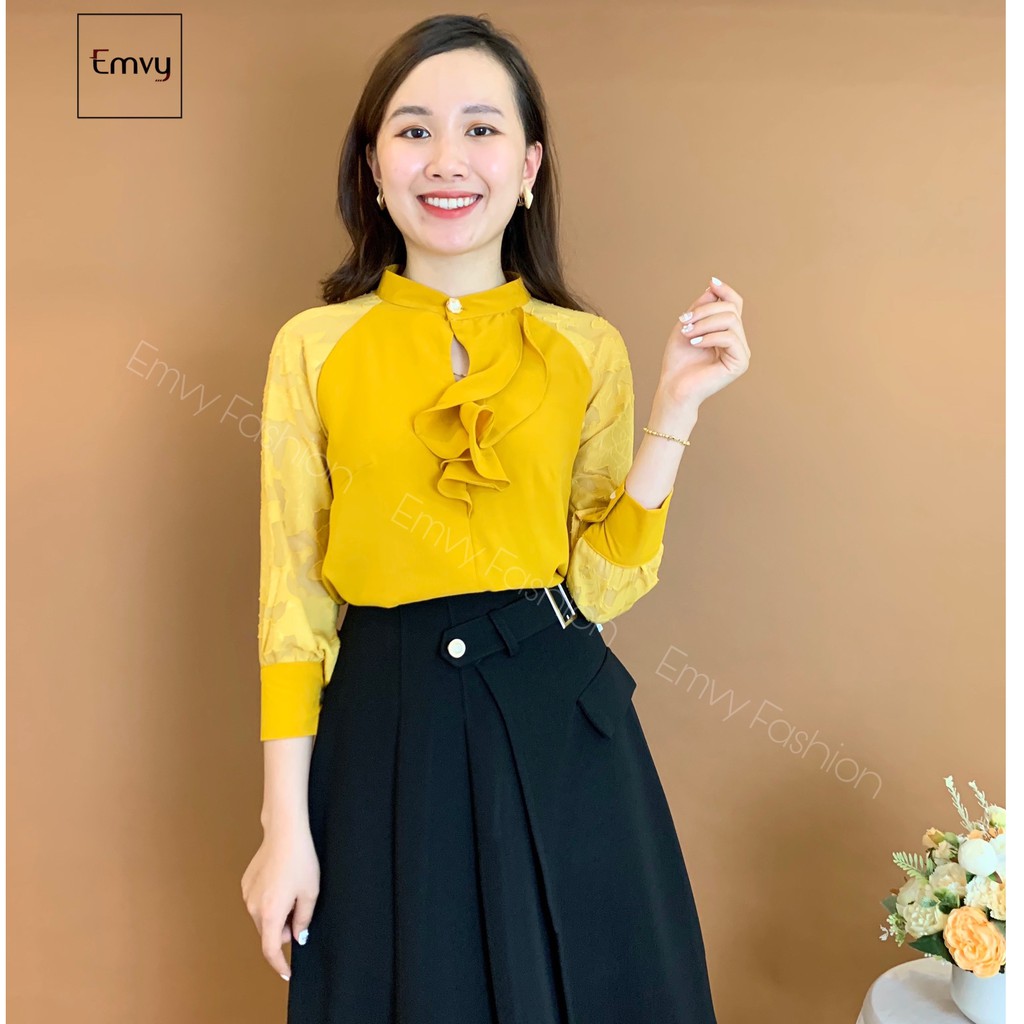 [Mã WASTUP giảm 10% tối đa 30K đơn 99K] Áo sơ mi nữ Thiết kế lụa trượt cổ trụ phối tơ hoa EMVY-A34 | BigBuy360 - bigbuy360.vn